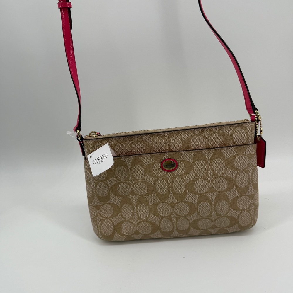 Coach F51065 Peyton Signature East/West Swingpack Khaki Pink Crossbody NWT